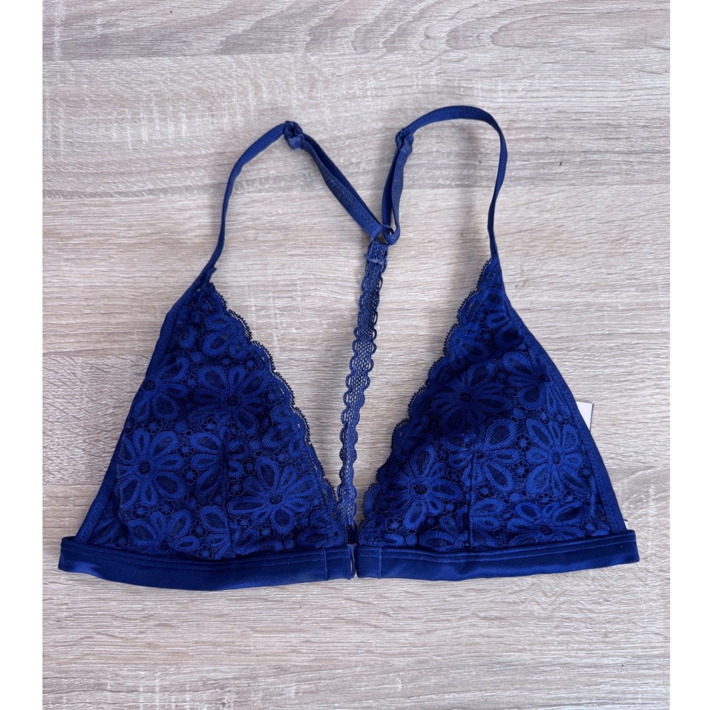 Victorias Secret Navy Blue Floral Lace Bralette Front Close Racerback Small